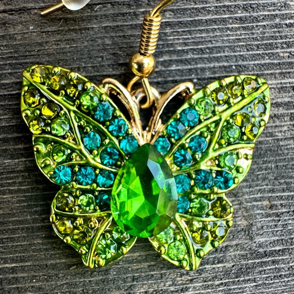 Green & Blue Sparkly Butterfly Dangle Drop Gold Tone Rhinestone Crystal Earrings - Picture 5 of 7
